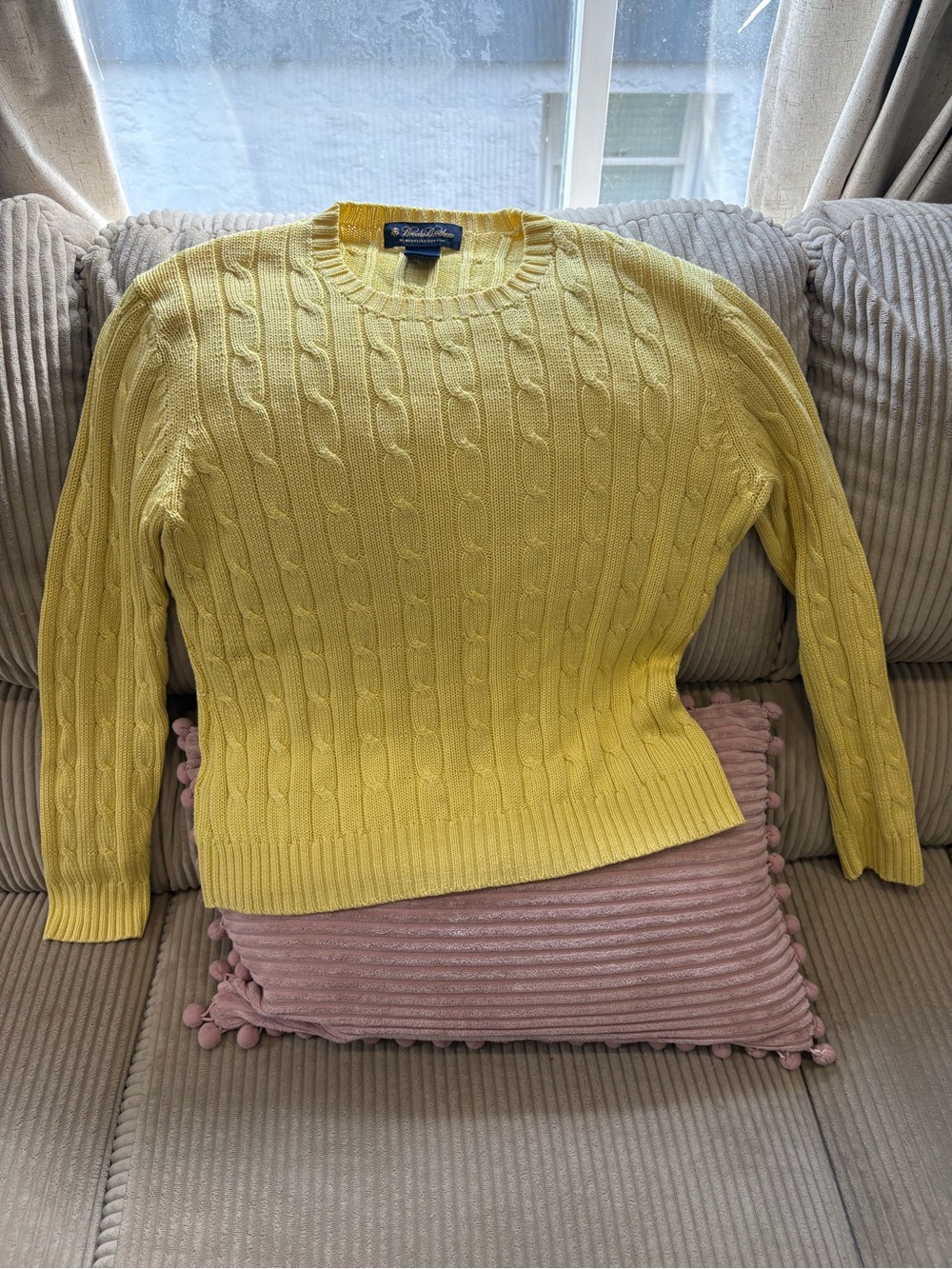BROOKS BROTHERS Yellow Cable Knit Crewneck Sweater - Classic Women's Pullover M